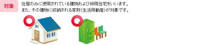 対象：住居のみに使用されている建物および併用住宅をいいます。
また、その建物に収納される家財（生活用動産）が対象です。