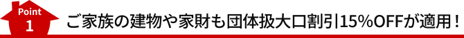 Point1 ご家族の建物や家財も団体扱大口割引15%OFFが適用!