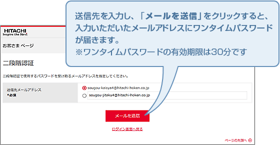 送信先を入力し、「メールを送信」をクリックすると、 入力いただいたメールアドレスにワンタイムパスワード が届きます。 ※ワンタイムパスワードの有効期限は30分です